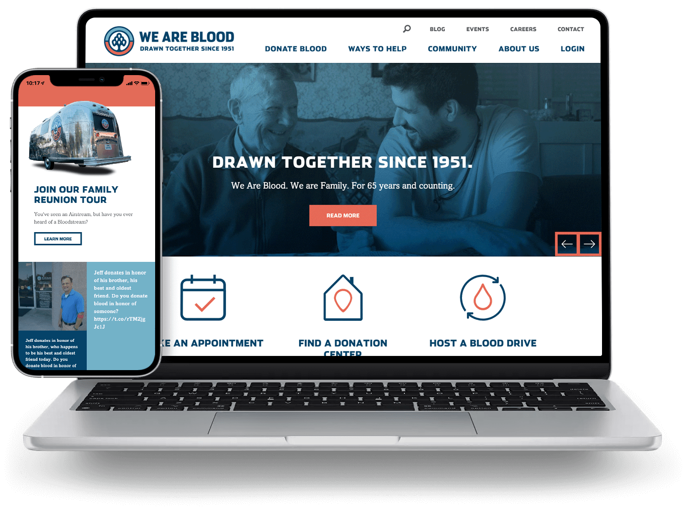 Laptop and phone view of the We Are Blood homepage.